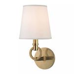 Malibu 1 Light Wall Sconce with brass finish, circular metal arm, and white tapered fabric shade