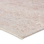 Close-up showing low-pile texture and machine woven fibers with soft distressed pattern