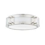 Ceiling flush mount light with polished nickel rectangular metal panels and curved ribbed glass shade