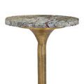 Close-up angled view of Green Forest Marble tabletop and top of gold tapered aluminum base