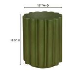Front view with dimensions showing 18.5 inches height and 15 inches width and depth in olive green