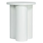 Side angle highlighting the three cylindrical columns forming the table base in white wood