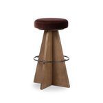 Damon Surrey Plum swivel bar stool angled to show the triangular wood base structure and metal footrest