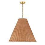 Side view of the woven rattan pendant highlighting its cone shape and brass chain suspension