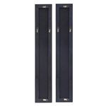 Back view of two narrow black-framed abstract paintings showing hanging hardware on each piece