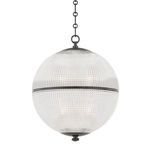 large spherical pendant light with textured clear glass and dark metal chain suspension