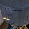 Close-up of gold hammered rectangular drawer pull on Aaron end table