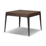 Square mahjong table with midcentury black cast iron legs and dark oak top with storage drawers