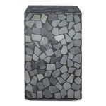 Side view of the outdoor side table focusing on the varied shape and color of marble pieces set in concrete