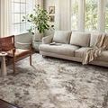 Austen Natural Mocha rug styled in a living room with natural light, beige sofa, wooden chair, and green plant
