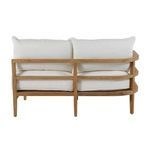 Duplicate angled rear view emphasizing curved teak frame and white cushions