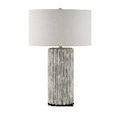 Lamp with off-white linen drum shade in a lighter tone compared to primary image