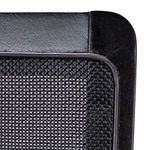 Close-up of black cane woven panel and wood frame corner showing texture details