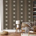 Wallpaper in cozy living room with beige sofa, white lamp on wooden stool, and built-in shelving