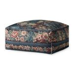 Square tapestry-inspired pouf with blue forest pattern and floral border, designed as a soft accent or footstool
