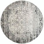 Round ivory vintage style rug with distressed traditional central medallion design in muted gray shades