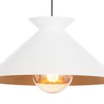 Close-up front view focusing on gold-leafed interior and glowing bulb inside white shade