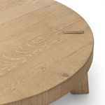 Detailed view of oak wood grain and joint feature on round table top