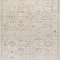 Traditional dusty coral area rug with muted intricate geometric and floral motifs in soft beige and coral tones