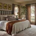 Marcella Sage Gold Rug shown in a bedroom beneath a bed with neutral bedding and rust-colored throw