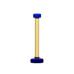Tall glass candle holder with slender yellow body and blue rounded base and top