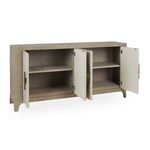 Sideboard buffet doors open revealing adjustable shelves and wire management holes inside