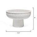 Large white pedestal bowl with dimensions showing 14.5 inches wide and 9 inches tall