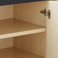 Interior shelves and hinge hardware visible inside open door of raffia credenza