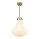 Side view of pendant showing warm brass finish and ribbed glass shade