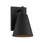 Matte black outdoor wall lantern with solid metal conical shade and rectangular backplate