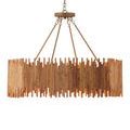 Side profile of chandelier showing linear arrangement and khaki colored metal rods