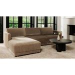 Full living room scene with sectional, beige rug, fireplace, and large glass doors