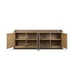 Front view of Adela Sideboard with doors open revealing interior shelves and storage space