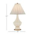 Musetta Table Lamp with white pleated shade, front view, lit, on black and brass base, shows scale with 31 inch height and...
