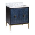 Open cabinet view highlighting adjustable interior shelf and black paneling inside vanity