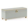 Rectangular gray wooden box with antique gold trim, bun feet, round gold metal handle, and hinged lid