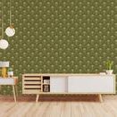 Wallpaper applied on living room wall behind low modern cabinet and wooden floor, showcasing room context and scale