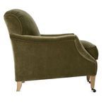 Three-quarter front shot of Marleigh chair emphasizing rolled arms and wooden legs
