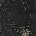Close-up abstract painting detail showing textured black surface with beige scratched circular patterns