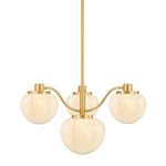 Kristen chandelier with three warm aged brass arms and frosted Cloud Glass buds in heart-like shapes