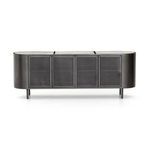 Straight-on front view of media console emphasizing smooth perforated metal doors and marble top