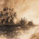 Close-up of detailed tree brushstrokes and textured canvas surface