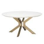 60-inch round dining table with ivory concrete top and brass pedestal base with solid wood accent in center