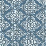 Blue salt hue wallpaper with intricate white damask pattern and a premium matte finish texture
