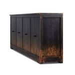 front view close-up showing textured doors with round dark metal knobs and wood grain finish