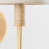Close-up of abaca material wrapping around the sconce's vertical support beneath linen shade
