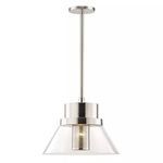 Paoli 1 Light Large Pendant with brushed metal finish, clear conical glass shade, and perforated inner cylinder