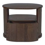 Front view of Tommy nightstand with drawer slightly ajar and curved front panel visible