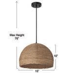 Pendant light with annotated dimensions showing 15-inch width and 10-inch height shade