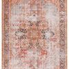 Vintage style rug with rust and navy center medallion and intricate tribal and floral border design